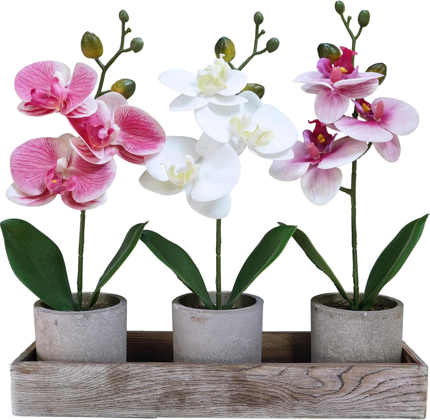 Set of 3 Small Artificial Orchid Potted Plants Arrangement with Rustic Wood Planter Box Real Touch Faux Phalaenopsis Moth Orchid Flowers in Pots for Home Office Desk Shelf Table Centerpiece