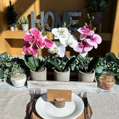 Set of 3 Small Artificial Orchid Potted Plants Arrangement with Rustic Wood Planter Box Real Touch Faux Phalaenopsis Moth Orchid Flowers in Pots for Home Office Desk Shelf Table Centerpiece