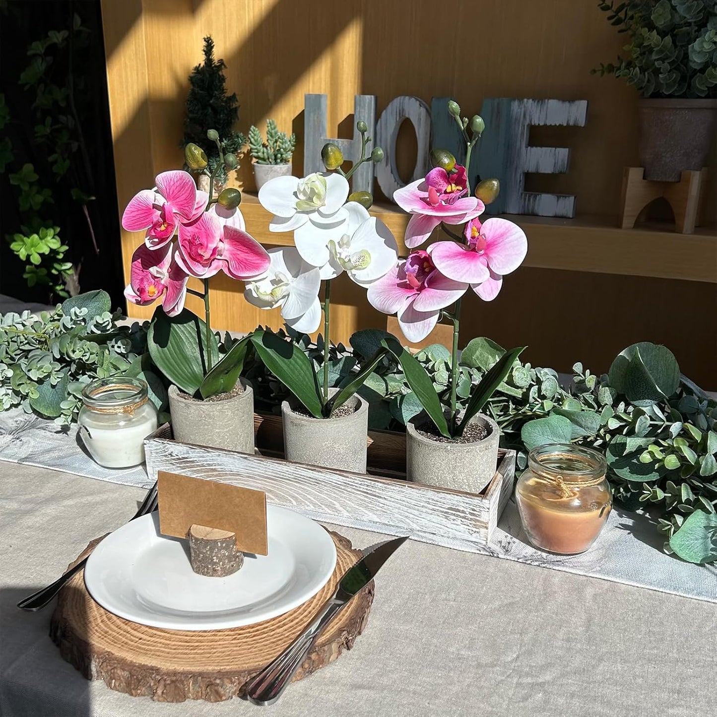 Set of 3 Small Artificial Orchid Potted Plants Arrangement with Rustic Wood Planter Box Real Touch Faux Phalaenopsis Moth Orchid Flowers in Pots for Home Office Desk Shelf Table Centerpiece