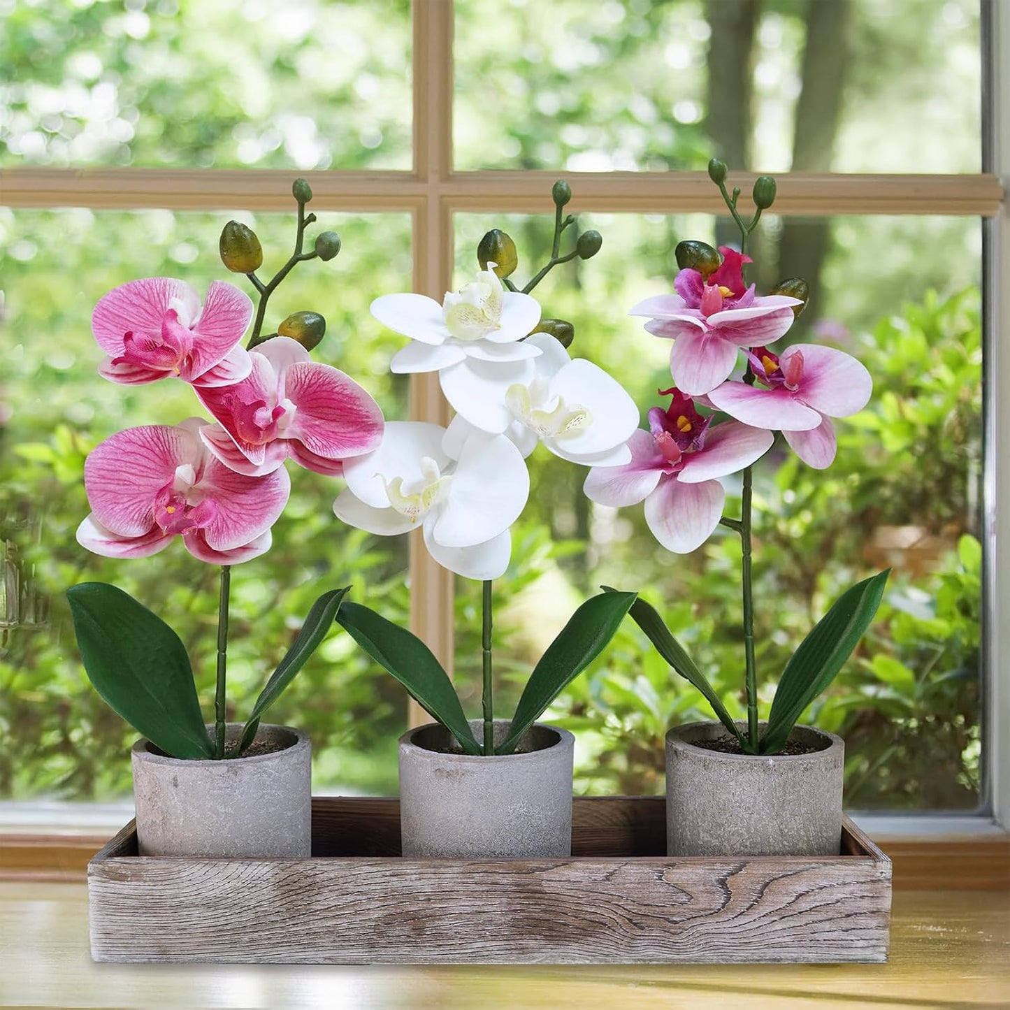 Set of 3 Small Artificial Orchid Potted Plants Arrangement with Rustic Wood Planter Box Real Touch Faux Phalaenopsis Moth Orchid Flowers in Pots for Home Office Desk Shelf Table Centerpiece