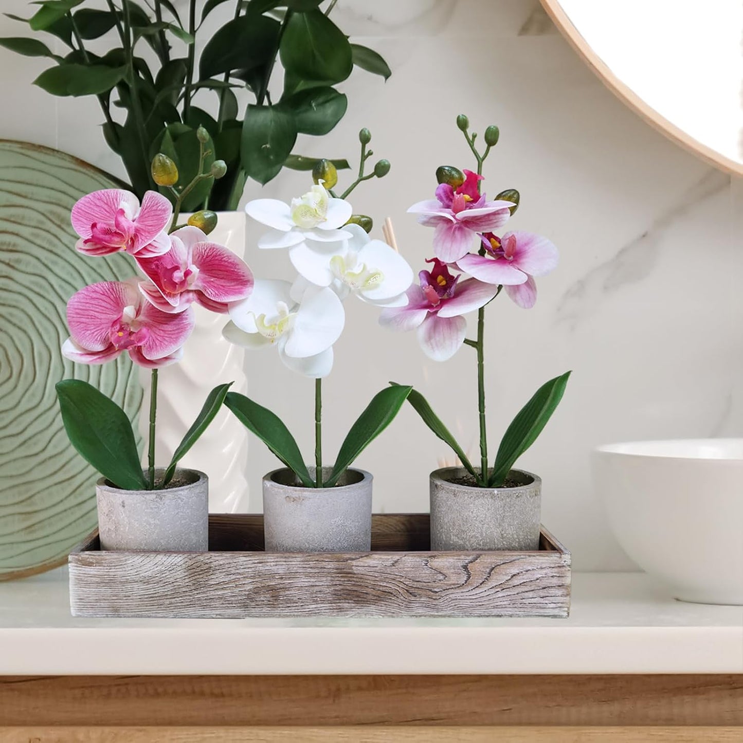Set of 3 Small Artificial Orchid Potted Plants Arrangement with Rustic Wood Planter Box Real Touch Faux Phalaenopsis Moth Orchid Flowers in Pots for Home Office Desk Shelf Table Centerpiece