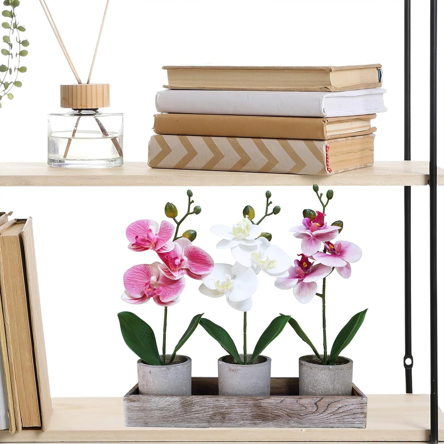 Set of 3 Small Artificial Orchid Potted Plants Arrangement with Rustic Wood Planter Box Real Touch Faux Phalaenopsis Moth Orchid Flowers in Pots for Home Office Desk Shelf Table Centerpiece
