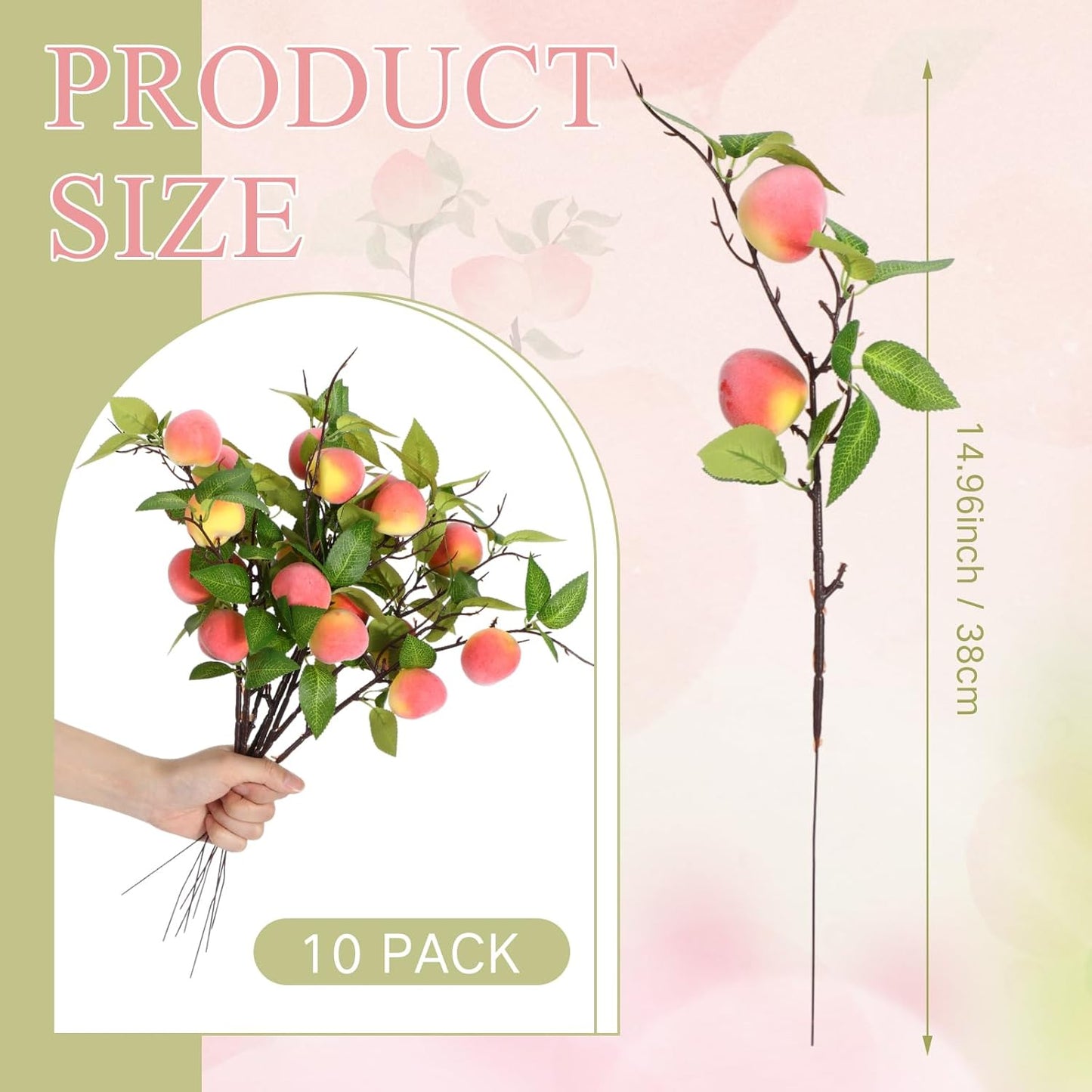 10 Pcs Artificial Peach Branches Realistic Artificial Peach Fruits with Green Leaves Simulation Branches Decoration for Vase Home Party Decoration (3 Peaches,27.56 Inch)