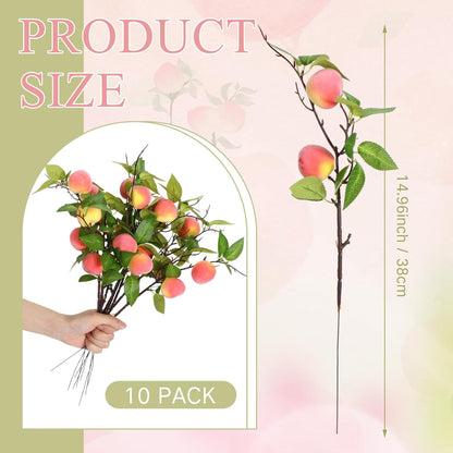 10 Pcs Artificial Peach Branches Realistic Artificial Peach Fruits with Green Leaves Simulation Branches Decoration for Vase Home Party Decoration (3 Peaches,27.56 Inch)