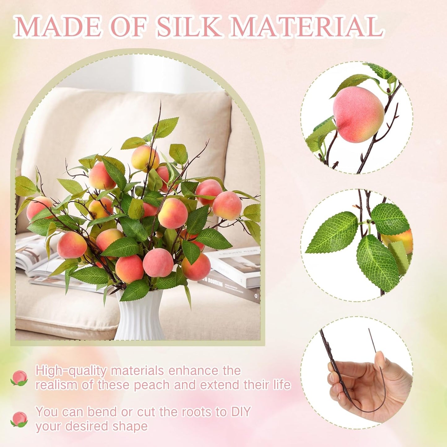 10 Pcs Artificial Peach Branches Realistic Artificial Peach Fruits with Green Leaves Simulation Branches Decoration for Vase Home Party Decoration (3 Peaches,27.56 Inch)