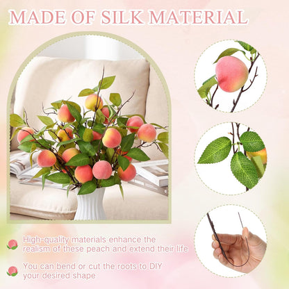 10 Pcs Artificial Peach Branches Realistic Artificial Peach Fruits with Green Leaves Simulation Branches Decoration for Vase Home Party Decoration (3 Peaches,27.56 Inch)
