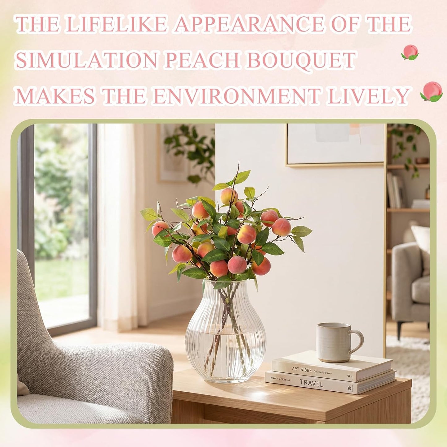 10 Pcs Artificial Peach Branches Realistic Artificial Peach Fruits with Green Leaves Simulation Branches Decoration for Vase Home Party Decoration (3 Peaches,27.56 Inch)