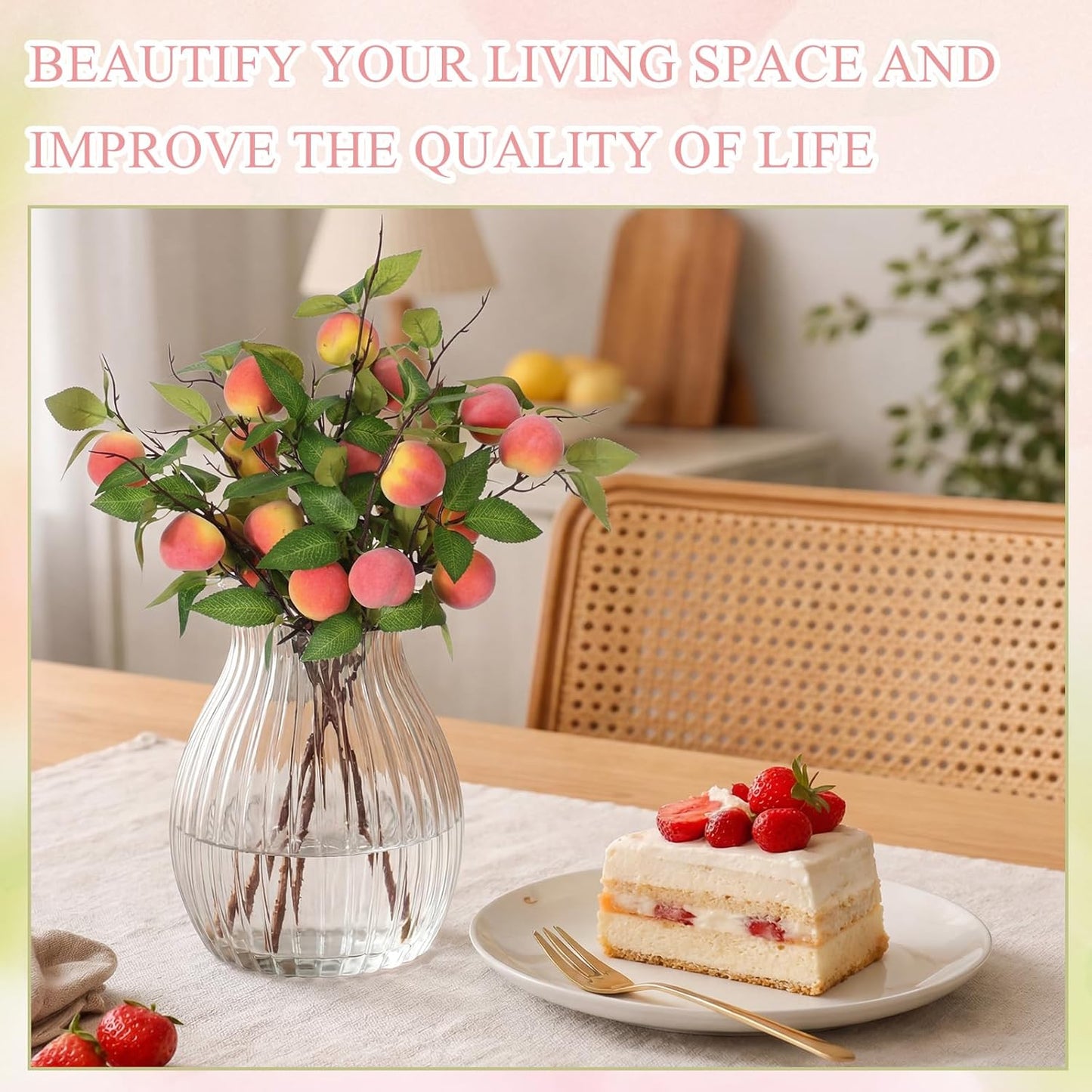 10 Pcs Artificial Peach Branches Realistic Artificial Peach Fruits with Green Leaves Simulation Branches Decoration for Vase Home Party Decoration (3 Peaches,27.56 Inch)