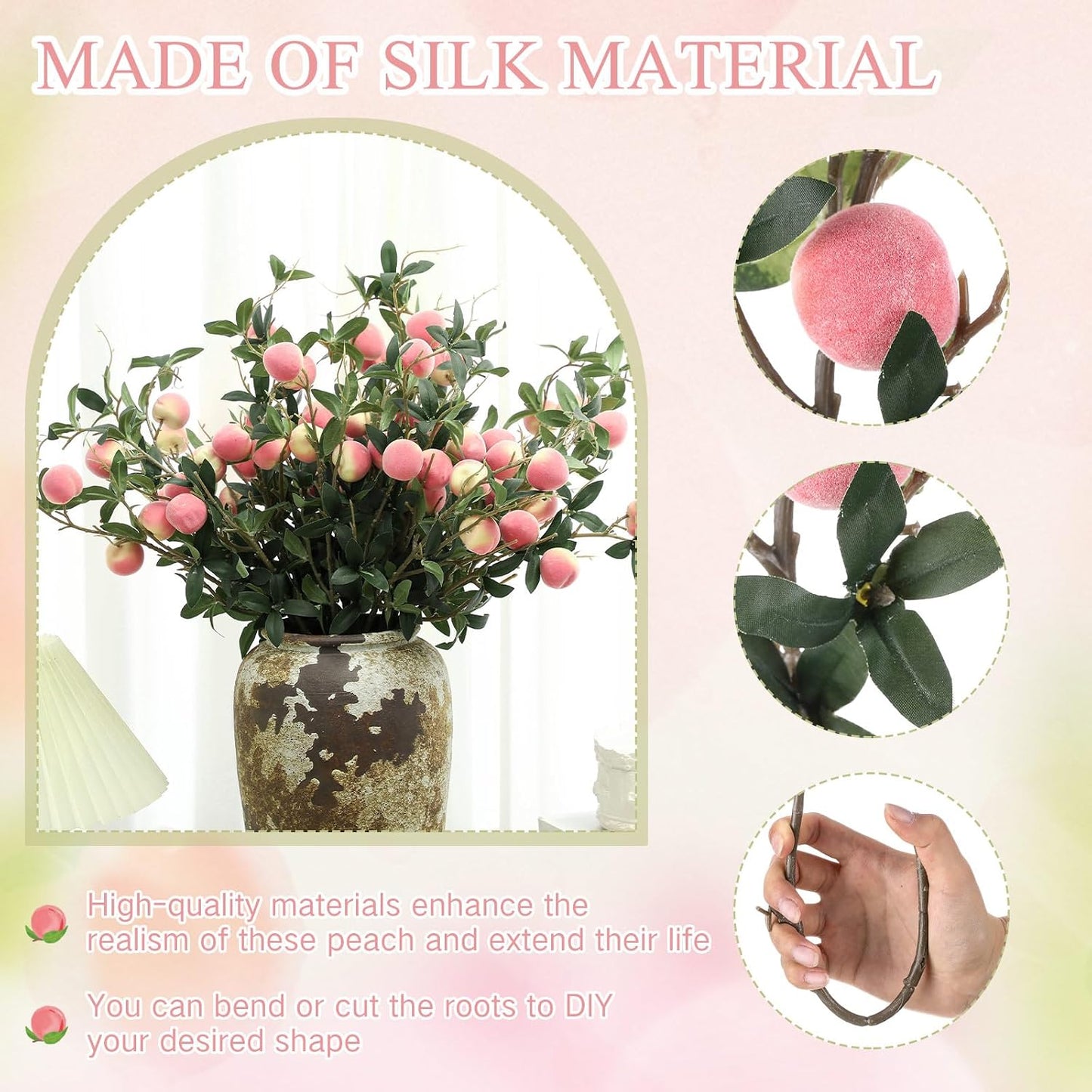 10 Pcs Artificial Peach Branches Realistic Artificial Peach Fruits with Green Leaves Simulation Branches Decoration for Vase Home Party Decoration (3 Peaches,27.56 Inch)