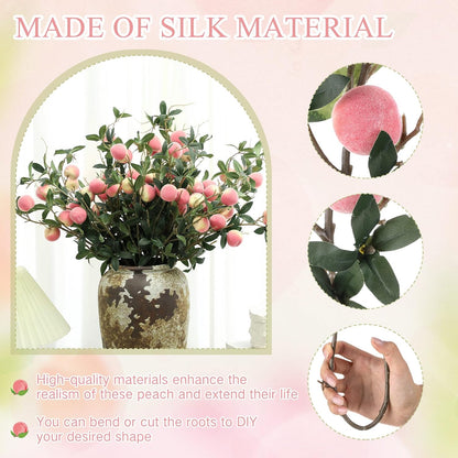 10 Pcs Artificial Peach Branches Realistic Artificial Peach Fruits with Green Leaves Simulation Branches Decoration for Vase Home Party Decoration (3 Peaches,27.56 Inch)