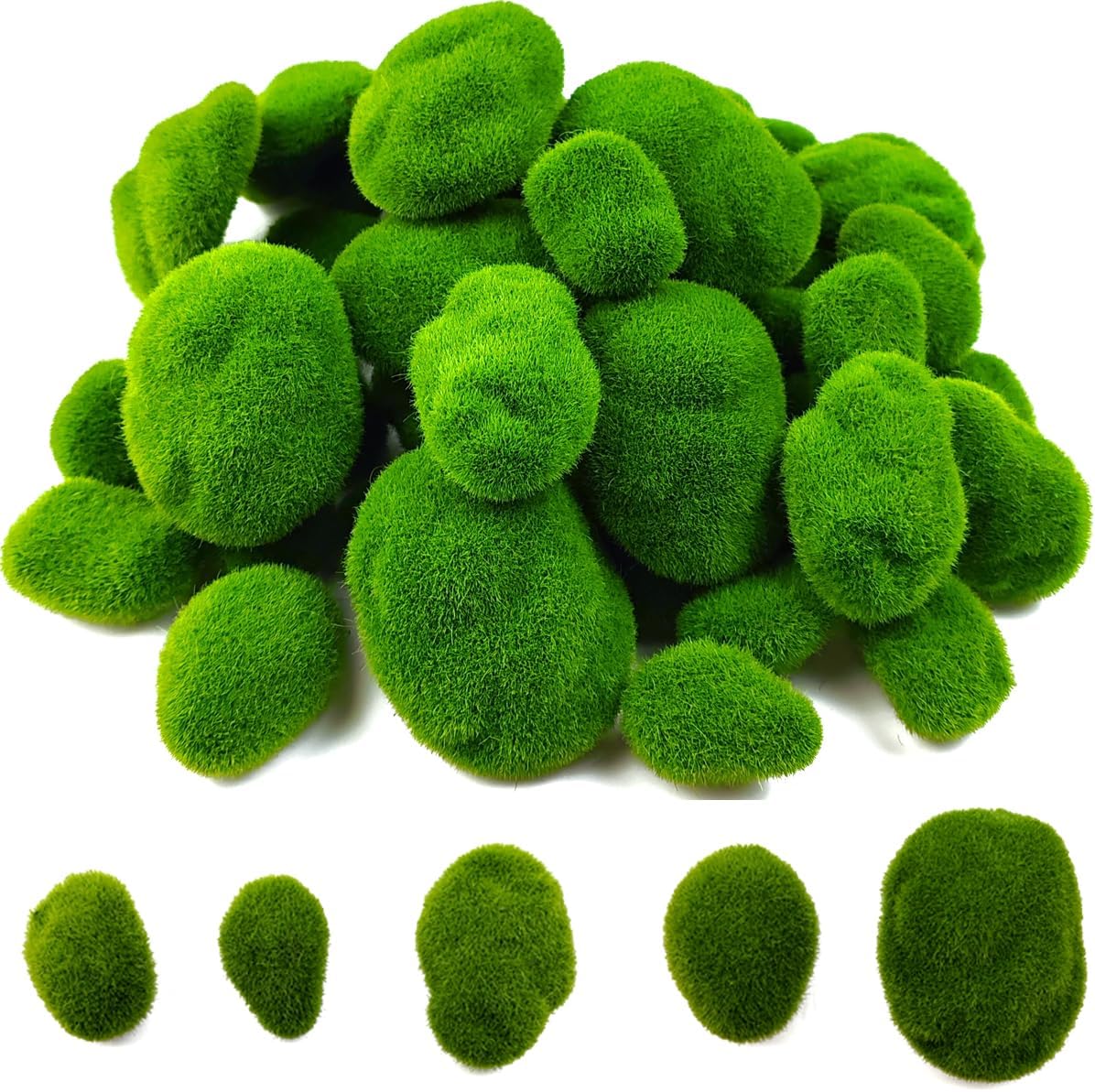 50 PCS 5 Size Artificial Moss Rocks Decorative, Green Moss Balls,Moss Stones, Green Moss Covered Stones, Fake Moss Decor for Floral Arrangements, Fairy Gardens and Crafting