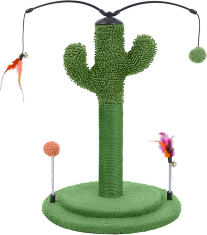 Cactus Cat Scratching Post with Sisal Rope, Small Cat Tree with Dangling Balls & Feather for Kittens (Green, 22.8'')