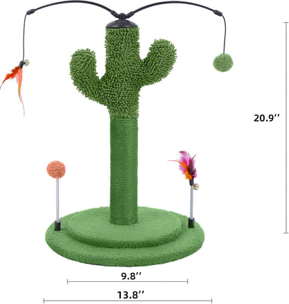 Cactus Cat Scratching Post with Sisal Rope, Small Cat Tree with Dangling Balls & Feather for Kittens (Green, 22.8'')
