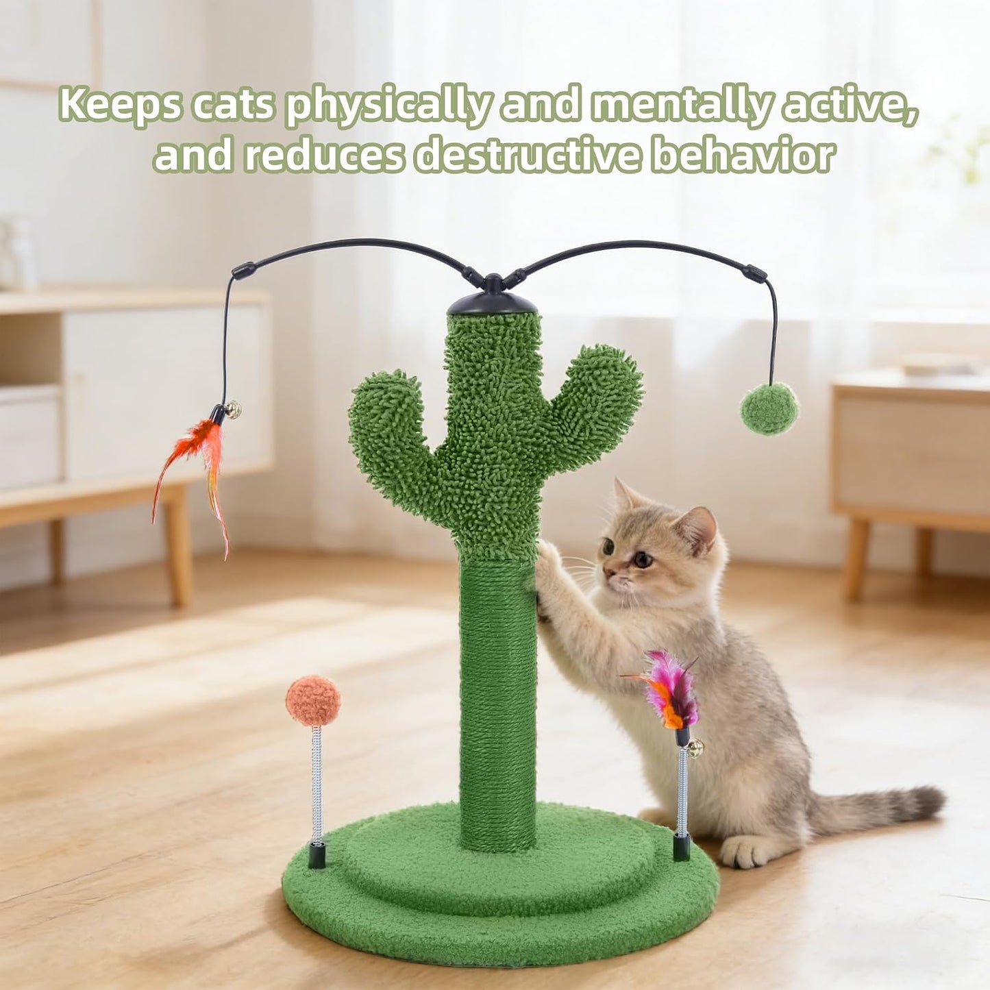 Cactus Cat Scratching Post with Sisal Rope, Small Cat Tree with Dangling Balls & Feather for Kittens (Green, 22.8'')