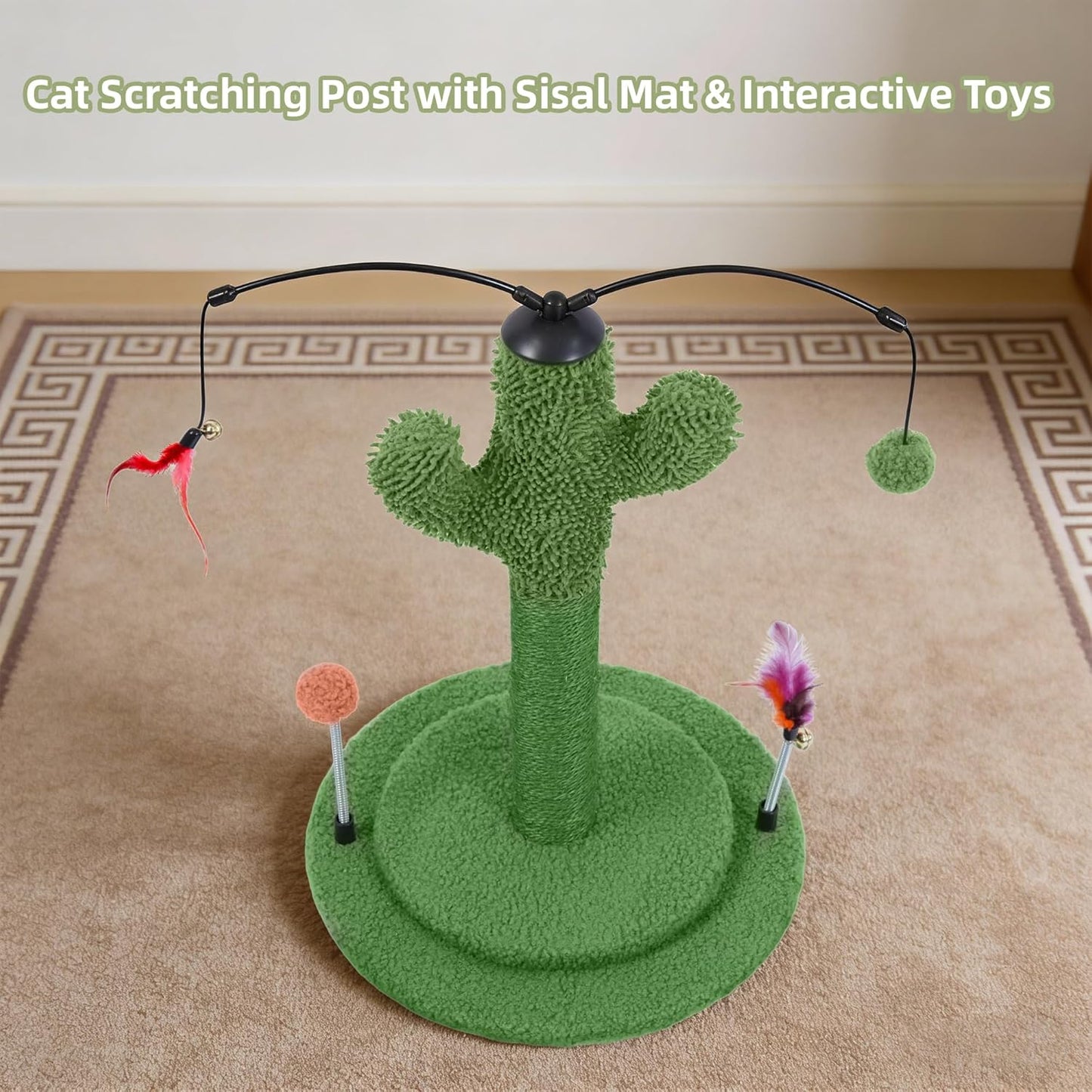 Cactus Cat Scratching Post with Sisal Rope, Small Cat Tree with Dangling Balls & Feather for Kittens (Green, 22.8'')