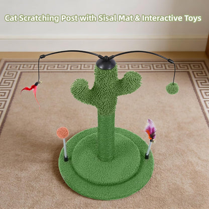 Cactus Cat Scratching Post with Sisal Rope, Small Cat Tree with Dangling Balls & Feather for Kittens (Green, 22.8'')