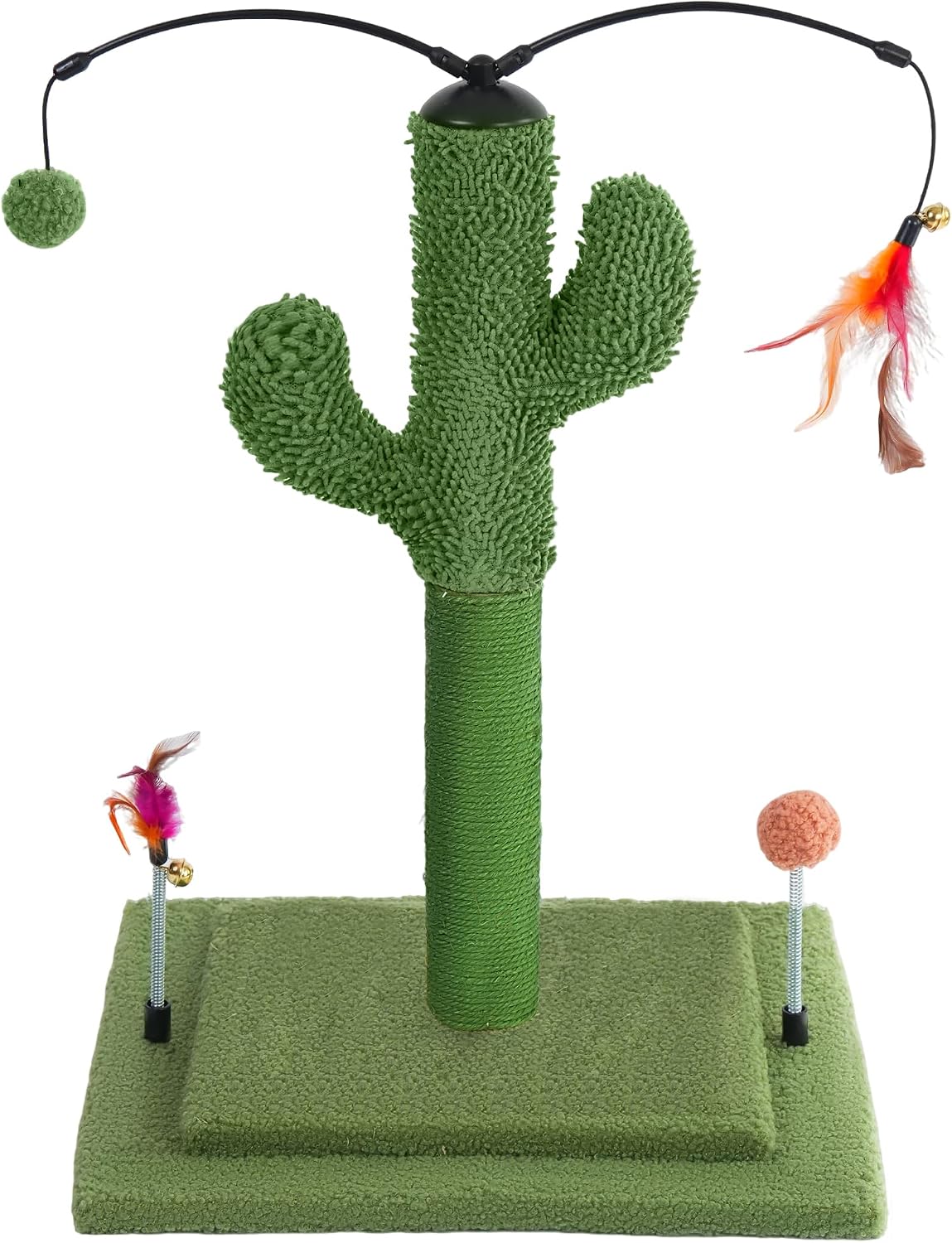 Cactus Cat Scratching Post with Sisal Rope, Small Cat Tree with Dangling Balls & Feather for Kittens (Green, 22.8'')