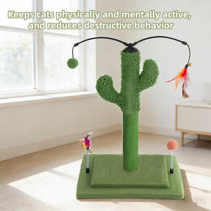 Cactus Cat Scratching Post with Sisal Rope, Small Cat Tree with Dangling Balls & Feather for Kittens (Green, 22.8'')
