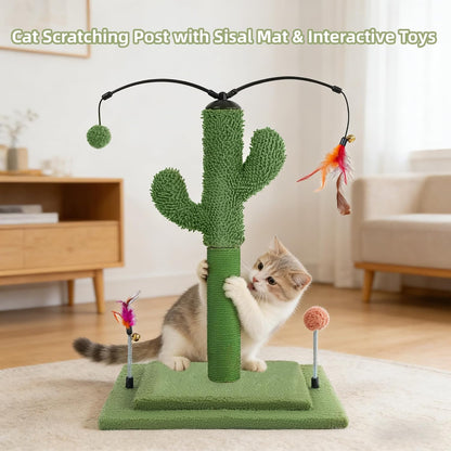 Cactus Cat Scratching Post with Sisal Rope, Small Cat Tree with Dangling Balls & Feather for Kittens (Green, 22.8'')