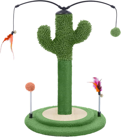 Cactus Cat Scratching Post with Sisal Rope, Small Cat Tree with Dangling Balls & Feather for Kittens (Green, 22.8'')