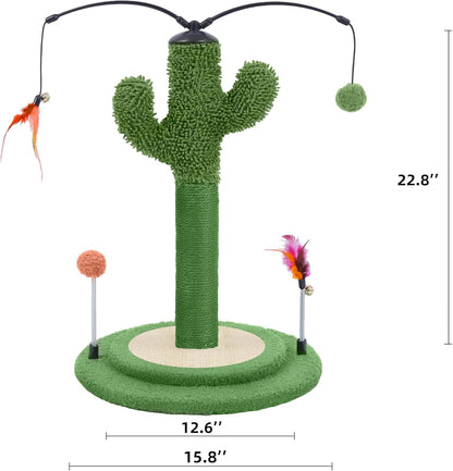Cactus Cat Scratching Post with Sisal Rope, Small Cat Tree with Dangling Balls & Feather for Kittens (Green, 22.8'')