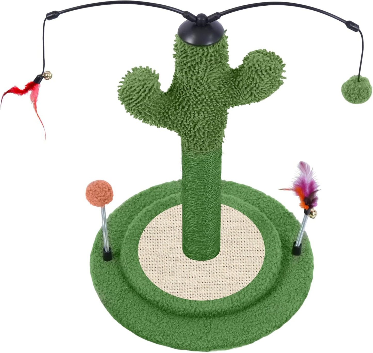 Cactus Cat Scratching Post with Sisal Rope, Small Cat Tree with Dangling Balls & Feather for Kittens (Green, 22.8'')