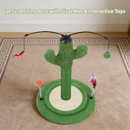 Cactus Cat Scratching Post with Sisal Rope, Small Cat Tree with Dangling Balls & Feather for Kittens (Green, 22.8'')