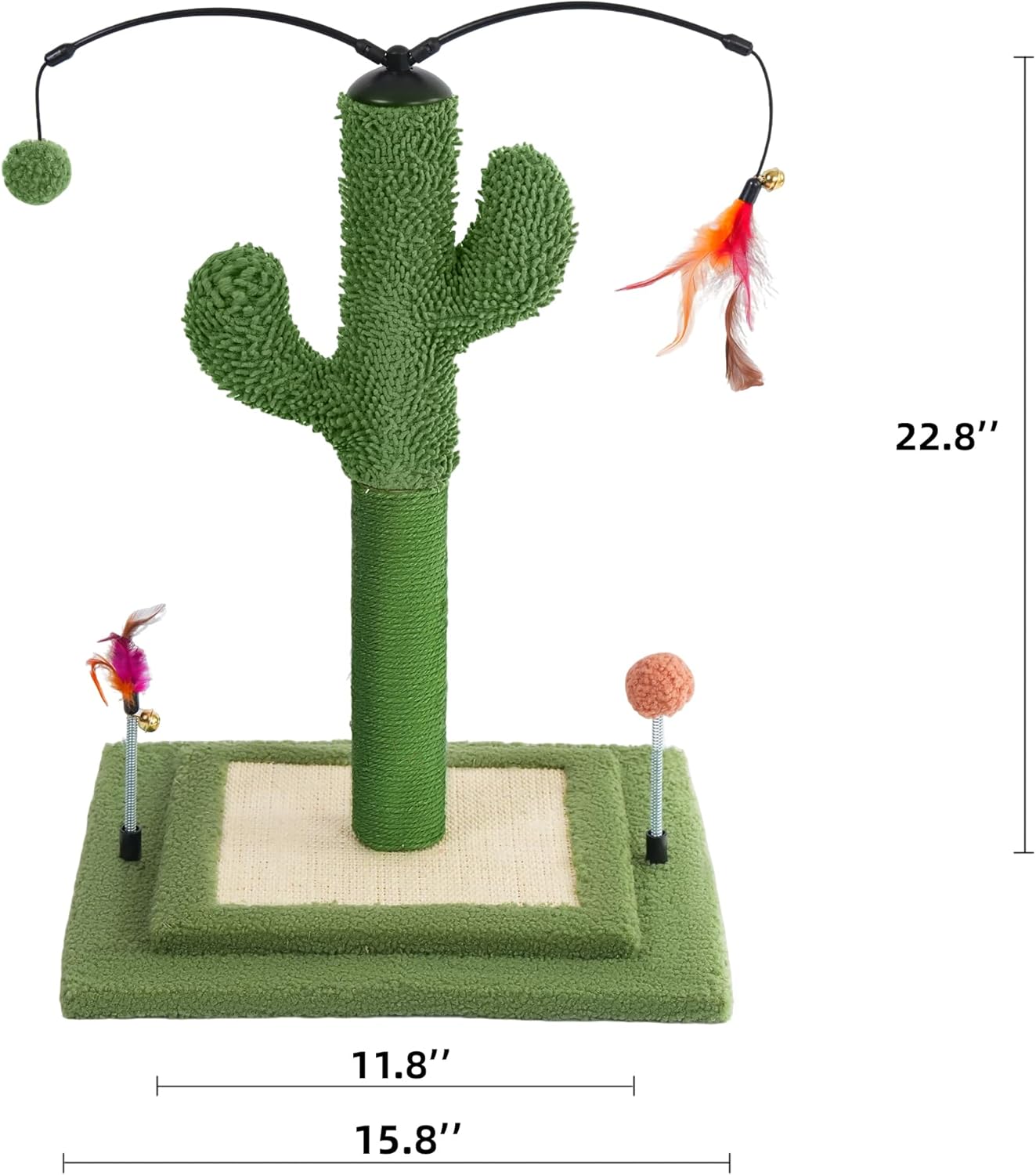 Cactus Cat Scratching Post with Sisal Rope, Small Cat Tree with Dangling Balls & Feather for Kittens (Green, 22.8'')