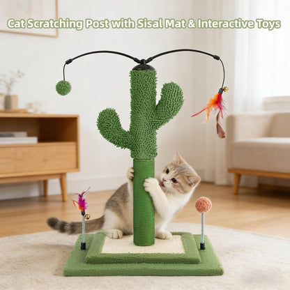 Cactus Cat Scratching Post with Sisal Rope, Small Cat Tree with Dangling Balls & Feather for Kittens (Green, 22.8'')