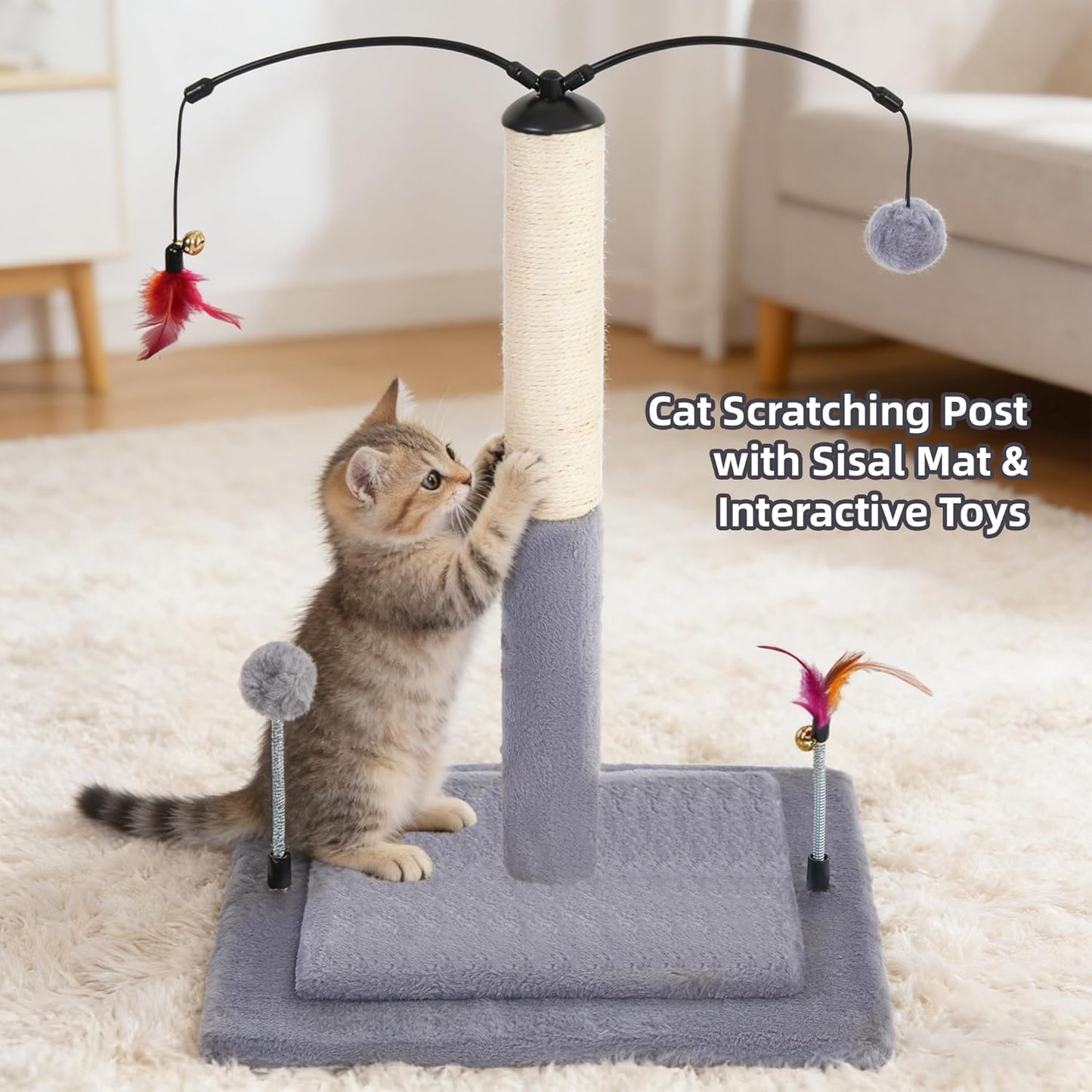 Cactus Cat Scratching Post with Sisal Rope, Small Cat Tree with Dangling Balls & Feather for Kittens (Green, 22.8'')
