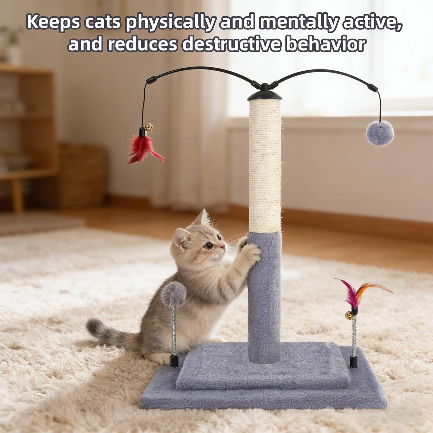 Cactus Cat Scratching Post with Sisal Rope, Small Cat Tree with Dangling Balls & Feather for Kittens (Green, 22.8'')