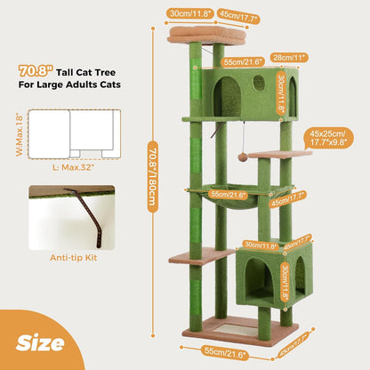 Cactus Cat Tree Small Cat Tower with 32 Inches Scratching Post with Cats Condo House, Cozy Hammock and Removable Top Bed and Dangling Ball for Indoor Cats-34” Green