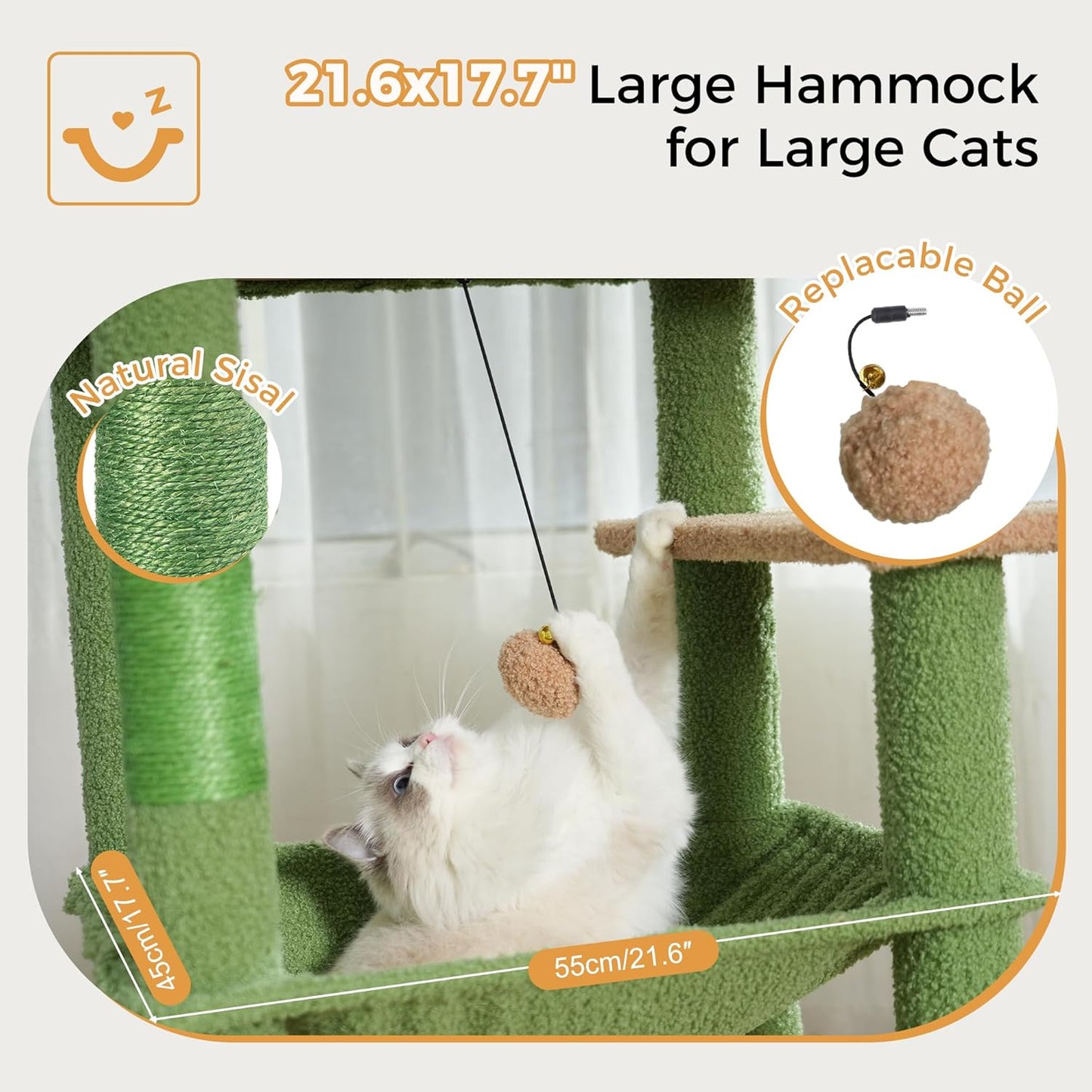 Cactus Cat Tree Small Cat Tower with 32 Inches Scratching Post with Cats Condo House, Cozy Hammock and Removable Top Bed and Dangling Ball for Indoor Cats-34” Green
