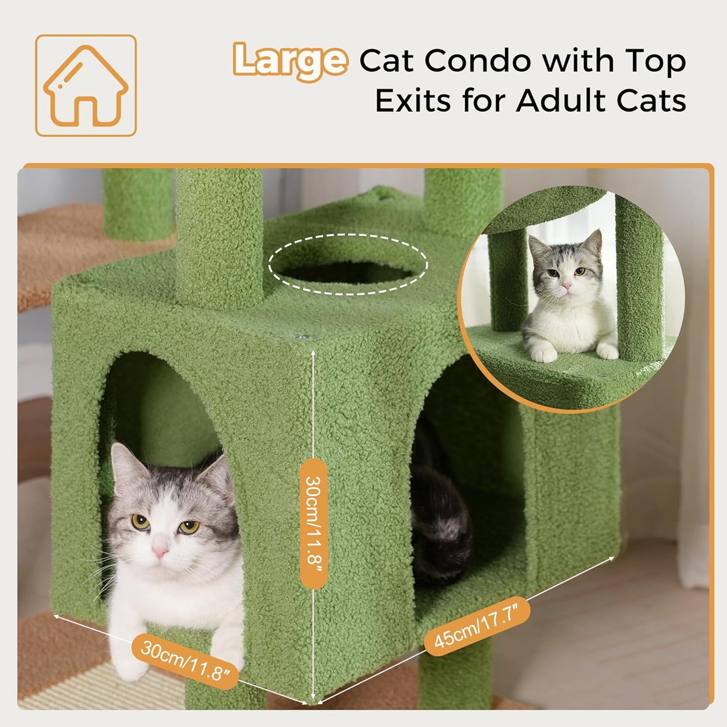 Cactus Cat Tree Small Cat Tower with 32 Inches Scratching Post with Cats Condo House, Cozy Hammock and Removable Top Bed and Dangling Ball for Indoor Cats-34” Green