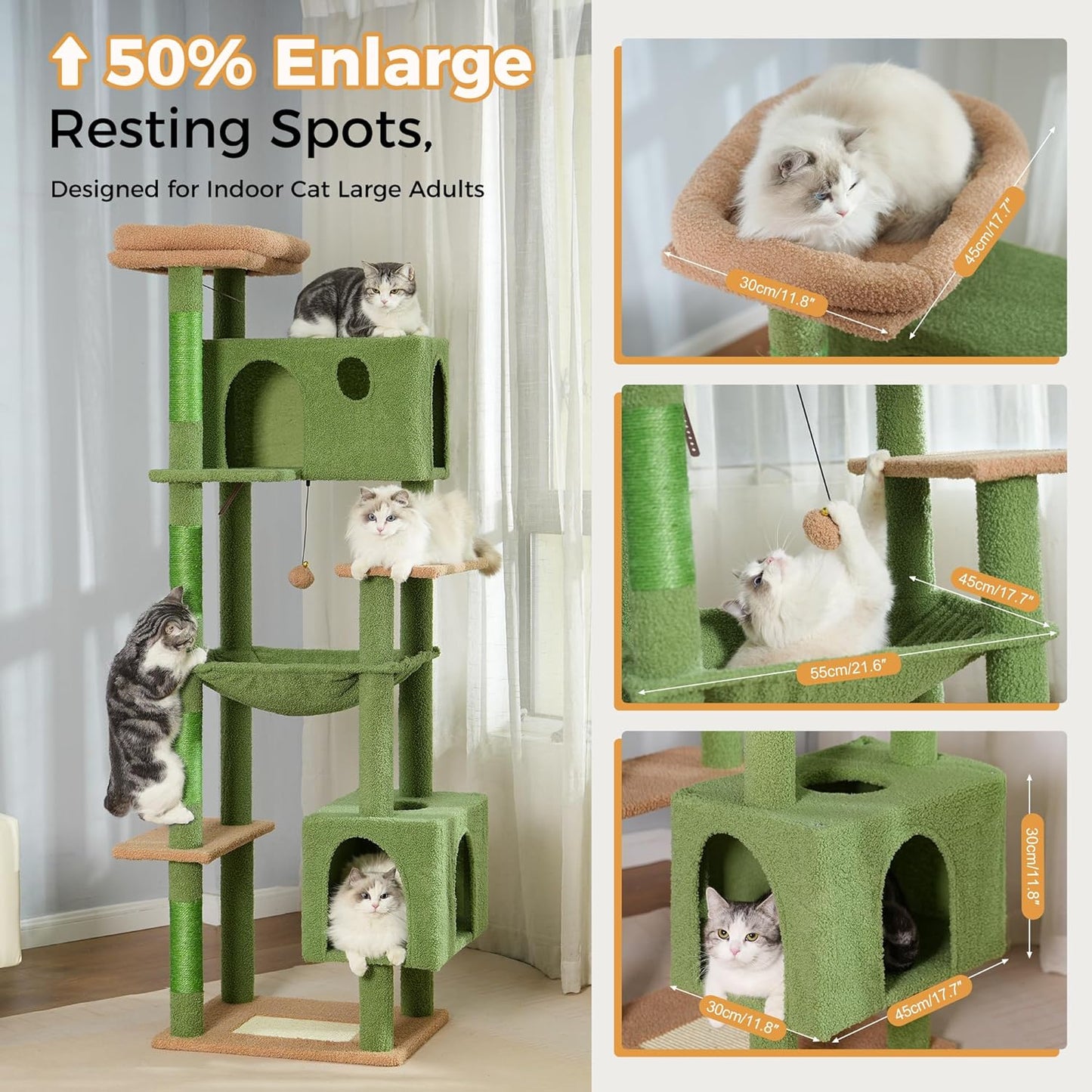 Cactus Cat Tree Small Cat Tower with 32 Inches Scratching Post with Cats Condo House, Cozy Hammock and Removable Top Bed and Dangling Ball for Indoor Cats-34” Green