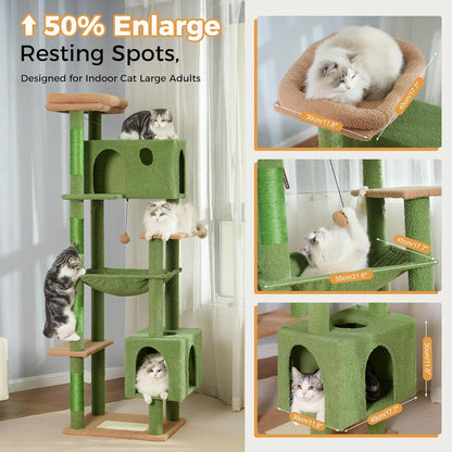 Cactus Cat Tree Small Cat Tower with 32 Inches Scratching Post with Cats Condo House, Cozy Hammock and Removable Top Bed and Dangling Ball for Indoor Cats-34” Green