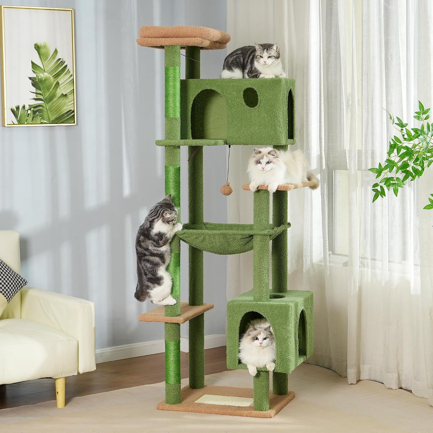 Cactus Cat Tree Small Cat Tower with 32 Inches Scratching Post with Cats Condo House, Cozy Hammock and Removable Top Bed and Dangling Ball for Indoor Cats-34” Green