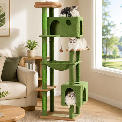 Cactus Cat Tree Small Cat Tower with 32 Inches Scratching Post with Cats Condo House, Cozy Hammock and Removable Top Bed and Dangling Ball for Indoor Cats-34” Green