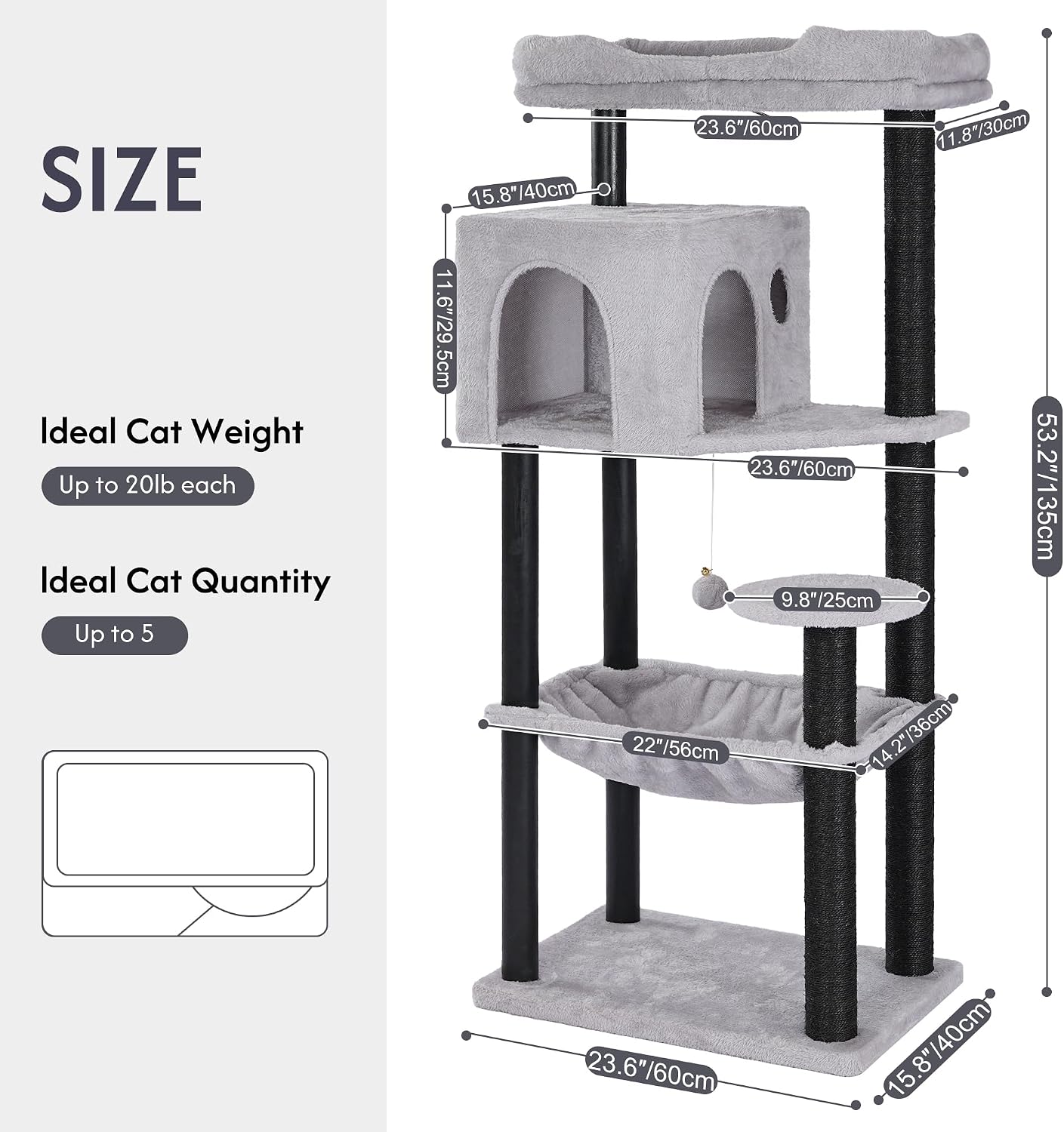 Cactus Cat Tree Small Cat Tower with 32 Inches Scratching Post with Cats Condo House, Cozy Hammock and Removable Top Bed and Dangling Ball for Indoor Cats-34” Green