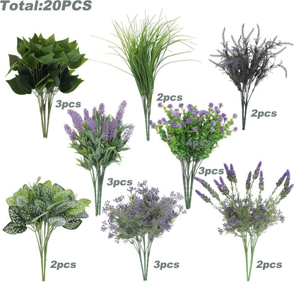 18PCS Artificial Plants Outdoor, Faux Flower Greenery Stems for Outside