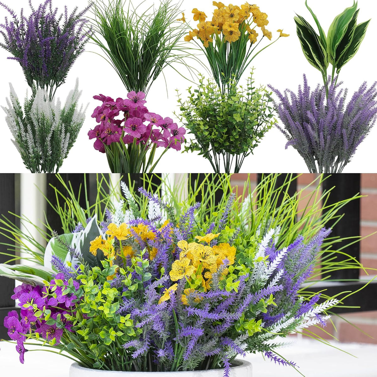 18PCS Artificial Plants Outdoor, Faux Flower Greenery Stems for Outside