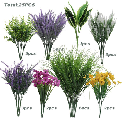 18PCS Artificial Plants Outdoor, Faux Flower Greenery Stems for Outside