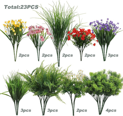 18PCS Artificial Plants Outdoor, Faux Flower Greenery Stems for Outside