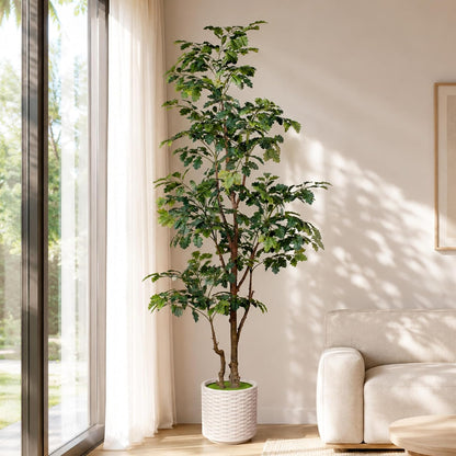 7FT Artificial Red Oak Tree in White Pot, Real Touch Large Fake Fall Autumn Oak Plant for Living Room Corner, Tall Potted Silk Tree for Home Office Daily Floor Decor