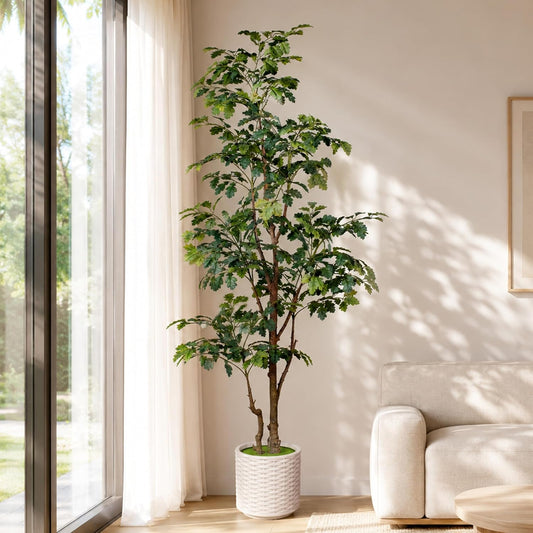 7FT Artificial Red Oak Tree in White Pot, Real Touch Large Fake Fall Autumn Oak Plant for Living Room Corner, Tall Potted Silk Tree for Home Office Daily Floor Decor