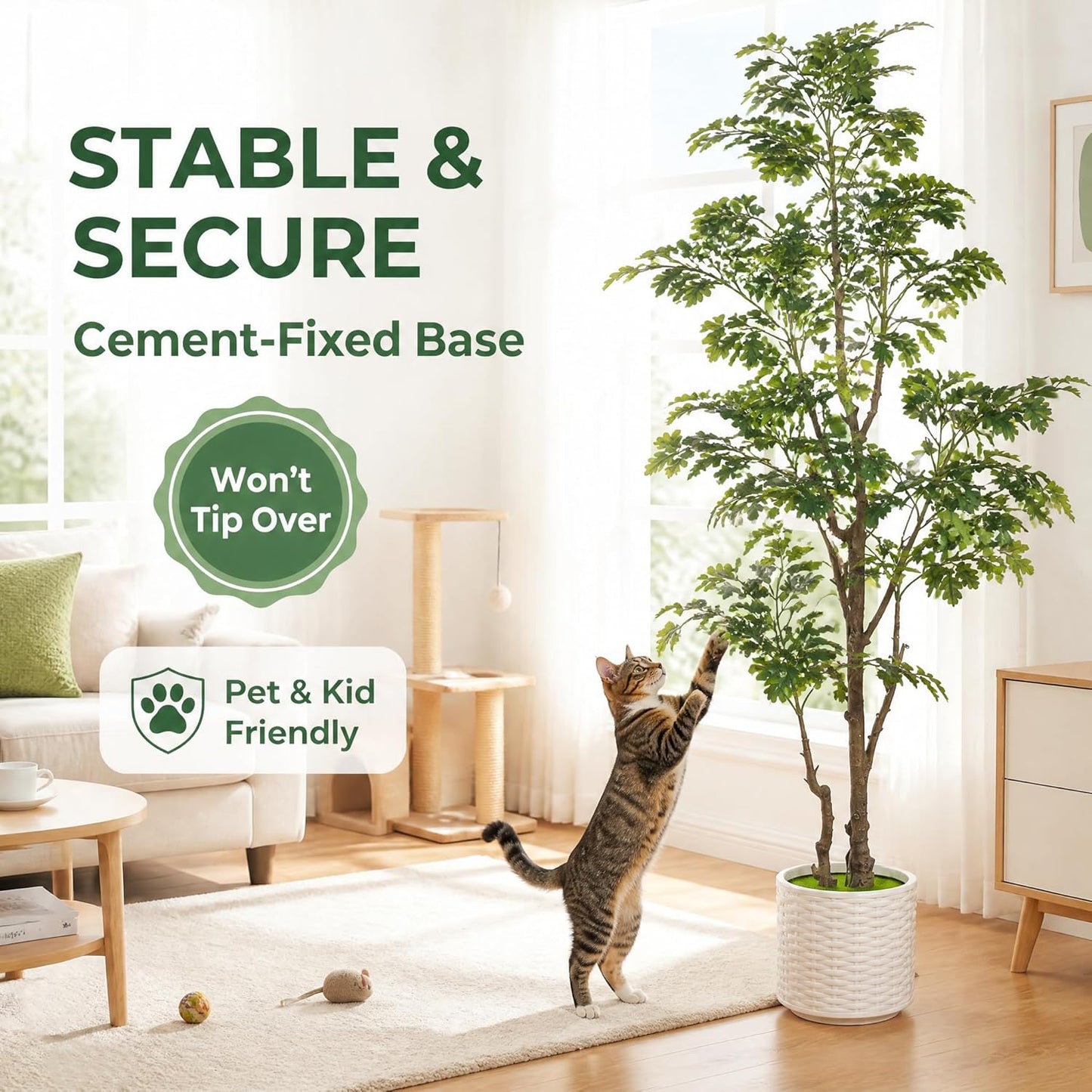 7FT Artificial Red Oak Tree in White Pot, Real Touch Large Fake Fall Autumn Oak Plant for Living Room Corner, Tall Potted Silk Tree for Home Office Daily Floor Decor