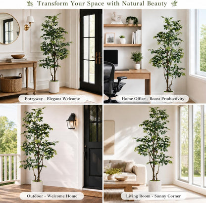 7FT Artificial Red Oak Tree in White Pot, Real Touch Large Fake Fall Autumn Oak Plant for Living Room Corner, Tall Potted Silk Tree for Home Office Daily Floor Decor
