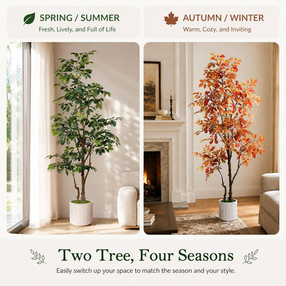 7FT Artificial Red Oak Tree in White Pot, Real Touch Large Fake Fall Autumn Oak Plant for Living Room Corner, Tall Potted Silk Tree for Home Office Daily Floor Decor