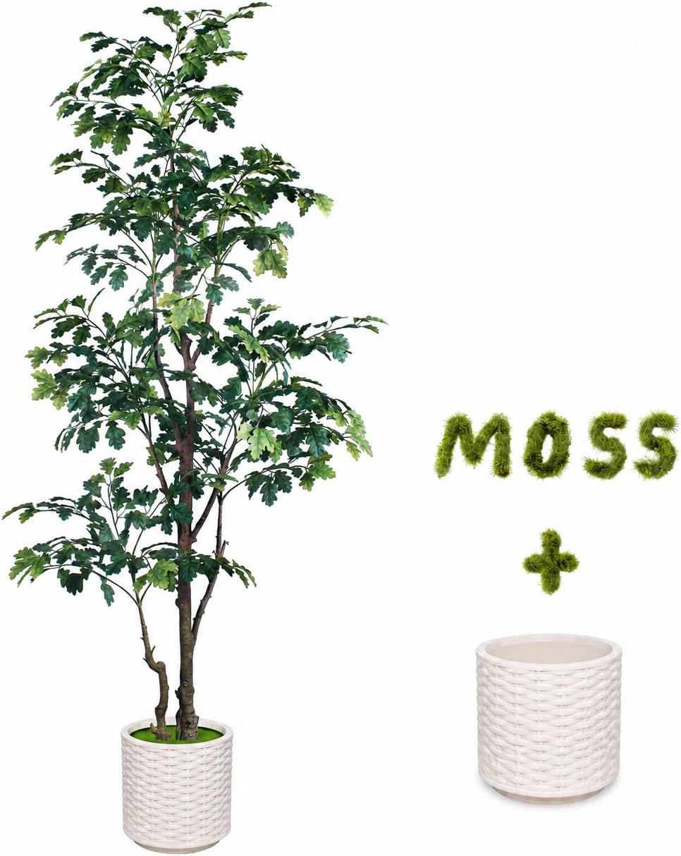 7FT Artificial Red Oak Tree in White Pot, Real Touch Large Fake Fall Autumn Oak Plant for Living Room Corner, Tall Potted Silk Tree for Home Office Daily Floor Decor