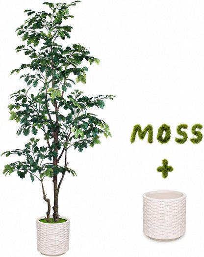 7FT Artificial Red Oak Tree in White Pot, Real Touch Large Fake Fall Autumn Oak Plant for Living Room Corner, Tall Potted Silk Tree for Home Office Daily Floor Decor